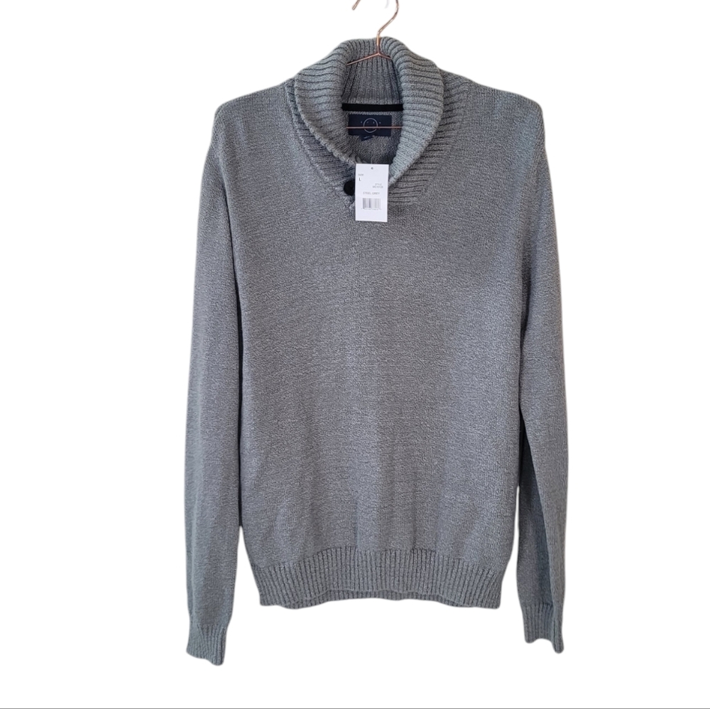 EVEN TIDE Steel Grey Button Shawl Collar Mock Neck Sweater Size L